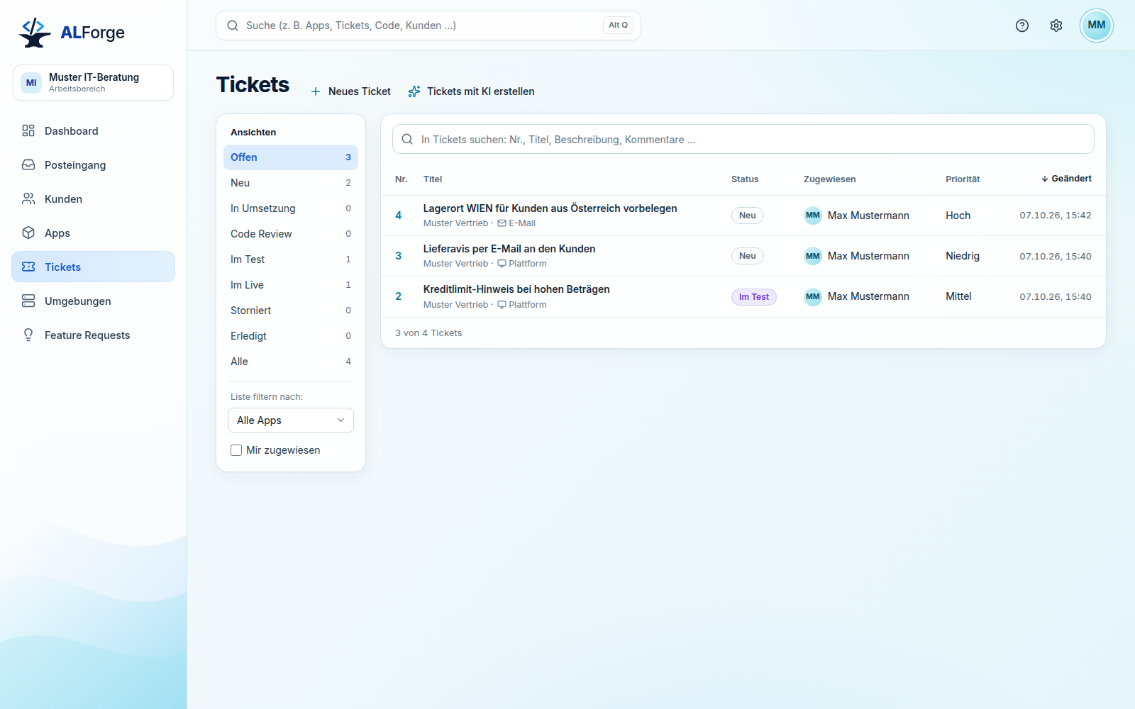 Liste der Tickets aller Apps mit den Aktionen „Neues Ticket“ und „Tickets mit KI erstellen“ neben der Überschrift, links in einer Karte die Ansichten Offen (gewählt), Neu, In Umsetzung, Code Review, Im Test, Im Live, Storniert, Erledigt und Alle mit ihrer Zahl und darunter die Filter „Alle Apps“ und „Mir zugewiesen“, rechts die Liste mit dem Suchfeld „In Tickets suchen: Nr., Titel, Beschreibung, Kommentare …“ oben und den Tickets 4 (Neu, Quelle E-Mail, Priorität Hoch), 3 (Neu, Priorität Niedrig) und 2 (Im Test, Priorität Mittel), alle Max Mustermann zugewiesen, unter dem Titel je App und Quelle, absteigend nach „Geändert“ sortiert, was ein Pfeil an der Spaltenüberschrift zeigt, und unten „3 von 4 Tickets“