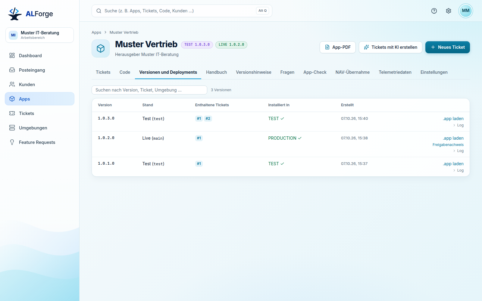 Reiter Versionen und Deployments der App Muster Vertrieb mit dem Suchfeld „Suchen nach Version, Ticket, Umgebung …“ und „3 Versionen“ daneben, darunter die Tabelle mit Version, Stand, enthaltenen Tickets, Umgebung und Zeit: 1.0.3.0 (Test, Tickets 1 und 2, installiert in TEST), 1.0.2.0 (Live, Ticket 1, installiert in PRODUCTION, mit Freigabenachweis) und 1.0.1.0 (Test, Ticket 1, installiert in TEST), je mit „.app laden“ und dem Log